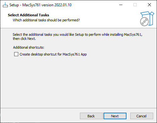 MacSys761 installer asking if you want ti make a desktop shortcut. It is set to no by deafault.